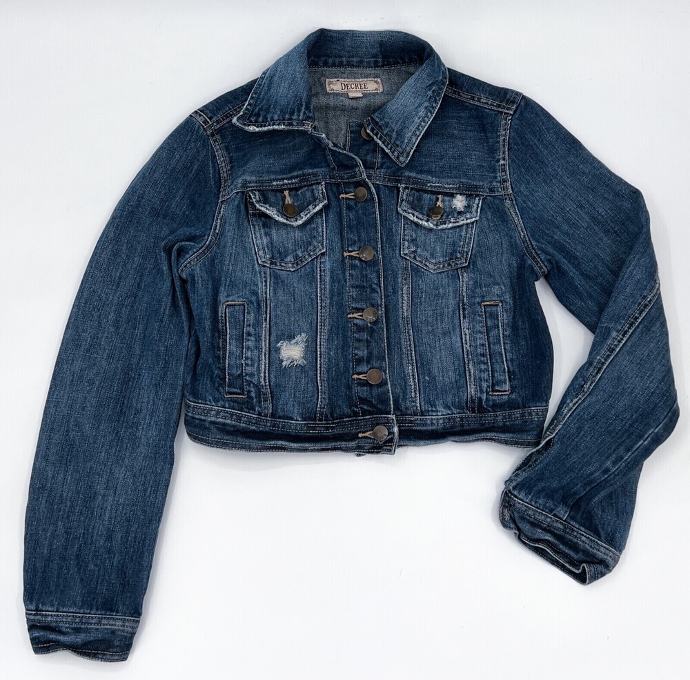 Decree Jacket Womens Medium Blue Denim JeanButton Distressed Collar Cropped